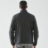 A men's softshell jacket in dark grey, featuring a collar and a sleek back design. It has a logo.
