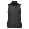 A black women's vest with a stand-up collar and zip closure, featuring a logo on one side.