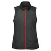 A sleeveless black vest with a red zip and collar, featuring a logo on the design.