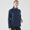 A navy blue women's 1/4 zip anorak jacket with a zippered collar and a logo on the front.