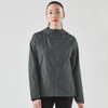 A women's wind jacket in dark grey with a hood and a logo, featuring a lightweight design and long sleeves.