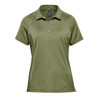 A green women's polo shirt with a collar, buttons, and short sleeves. It features a logo on the front.