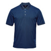 A navy blue short-sleeve polo shirt with a collar and three buttons, featuring a logo on the chest.