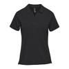 A black women's performance short sleeve polo with a classic collar and button placket, featuring a logo.