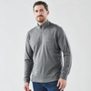 A grey men's pullover with a 1/4 zip and a chest pocket, featuring long sleeves and a logo.