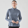 A women's blue 1/4 zip pullover jumper with long sleeves, featuring a subtle texture and a branding logo.