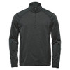 A green men's 1/4 zip pullover jumper with long sleeves and a high collar, featuring a logo on the chest.