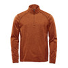 An orange men's 1/4 zip pullover jumper with a stand collar and raglan sleeves. It features a logo.