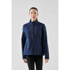 A women's softshell jacket in navy blue, featuring a high collar and zippered front, with a logo displayed.