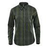 A green and navy checked long sleeve button-up shirt for women, featuring a collar and a single chest pocket.