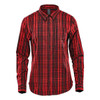 A red and black checkered long sleeve button-up shirt with a branding logo.
