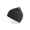 A dark green beanie with a smooth texture and pointed top, featuring a small logo.