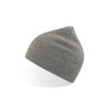 A grey beanie with a tapered top and a textured finish. It features a logo on the side.