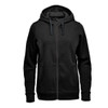 A black women's fleece hoody with a zip-up front and drawstring hood, featuring a branded logo.