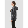 A women's hoodie in grey with a hood, featuring a side view of the model. It has a logo on it.