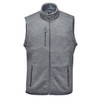 A grey men's fleece vest featuring a high collar and zippered pockets, with a logo on the chest.