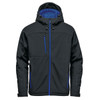 A black insulated softshell jacket with a blue interior and zippers, featuring a logo on the chest.