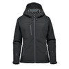 A black insulated softshell jacket with a hood and multiple zippers, featuring a logo on the sleeve.