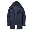 A navy blue 5-in-1 system jacket with a detachable inner layer and multiple pockets. It features a logo on the front.
