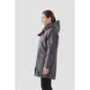 A women's grey jacket with a hood, featuring a sleek design and pockets, set against a light background.