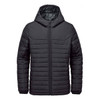 A black quilted hoody with a zip front and a hood. The design features horizontal seams and has a logo.