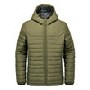 A quilted olive green hoody with a zip front and a hood. It features a logo on the chest.