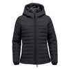 A women's black quilted hoody featuring a zip front and hood, designed with a quilted texture and fitted silhouette.