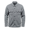 A grey unisex fleece shacket with two chest pockets and a button-up front. Features a logo on the design.
