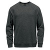 A dark grey crew neck sweater with long sleeves and a simple design, featuring a logo on the front.