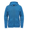 A blue fleece full zip hoody with a hood, front pockets, and a logo on the chest.