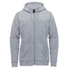 A grey fleece full zip hoody with a hood and pockets, featuring a logo on the chest area.