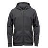A men's full zip hoody in dark grey, featuring a front zipper and pockets. Includes a branding logo.