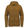 A men's full zip hoody in a warm tan colour with a hood and front pockets. Features a logo on the chest.