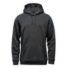 A grey fleece pullover hoody with a front pocket and adjustable drawstring hood. It has a branded logo.