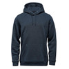 A dark grey fleece pullover hoody featuring a front pocket and a drawstring hood. It has a logo on it.