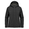 A black women's thermal shell jacket with a hood and zip closure, featuring pockets and a logo.