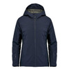 A navy thermal shell jacket with a hood and a logo on the sleeve. Features a front zip and zippered pockets.