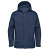 A navy blue jacket with a hood, featuring a zippered front and a logo on the sleeve.