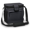 A cooler bag in black and dark grey, featuring a shoulder strap and a zippered front pocket. It has a logo.