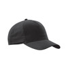A black cap with a curved brim and a rounded crown, featuring a logo on the front.