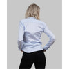 A women's button-up shirt in light blue with a check pattern, featuring a logo on the back.