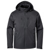 A lightweight black shell jacket with a hood and multiple zippered pockets, featuring a logo on the front.