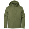 A lightweight green shell jacket with a hood and multiple zippered pockets, featuring a logo on the chest.