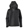 A black women's lightweight rain jacket with a hood and zippered pockets, featuring a logo on the fabric.