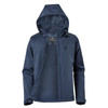 A lightweight women's rain jacket in navy blue with a hood, featuring a zippered front and logo.