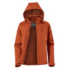 A lightweight women's rain jacket in orange with a hood and zippered pockets, featuring a logo on the chest.