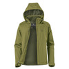 A lightweight rain jacket in olive green with a hood, featuring a zippered front and a logo.