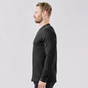 A side view of a men's long-sleeve Henley shirt in black, featuring a collar and a logo.
