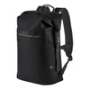A black waterproof backpack with adjustable straps and a front zip pocket. It has a distinctive branding logo.