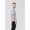A grey short-sleeve button-up shirt is displayed on a model standing sideways against a plain background.